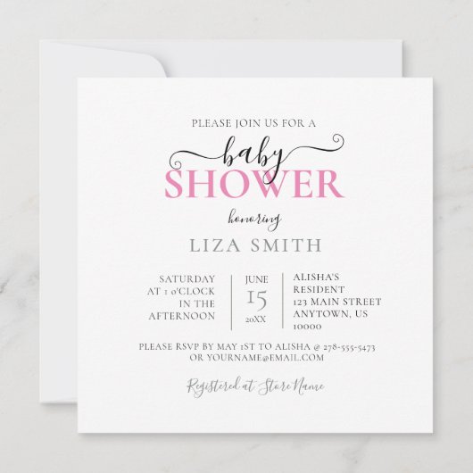 CLASSY WHITE SHOWER UMBRELLA BLUME, BABY RATTLE EINLADUNG (Rückseite)