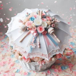 CLASSY WHITE SHOWER UMBRELLA BLUME, BABY RATTLE EINLADUNG