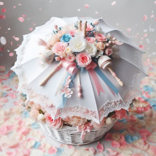 CLASSY WHITE SHOWER UMBRELLA BLUME, BABY RATTLE EINLADUNG