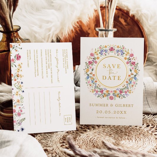 Classy Wildblume Garden Wreath Save the Date Ankündigungspostkarte