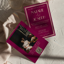 Classy Wine Old Money Retro Photo QR Code Wedding Einladung