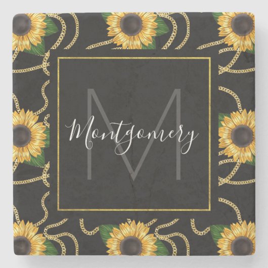 Classy Yellow Sunblumen Stilvolles Muster Monogram Steinuntersetzer (Vorderseite)