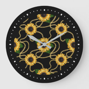 Classy Yellow Sunflowers Stylish Pattern on Black Große Wanduhr