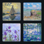 Claude Monet Masterstückauswahl Untersetzer Set<br><div class="desc">Claude Monet Masterpiece Selection - Sailboat at Le Petit-Gennevilliers,  1874 - Water Lilies / Nympheas,  1916-1919 - Lilac Irises / Iris Mauves,  1914-1917 - Cliff Walk at Pourville,  1882</div>