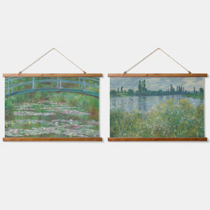 Claude Monet Set 2 Bridge River Alte Französische  Wandteppich Mit Holzrahmen