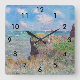 Claude Monet - Spaziergang auf der Klippe in Pourv Quadratische Wanduhr