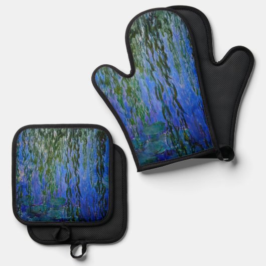 Claude Monet - Wasserlilien mit weinender Weide Ofenhandschuh & Topflappen-Set (Vorderseite/Rückseite)