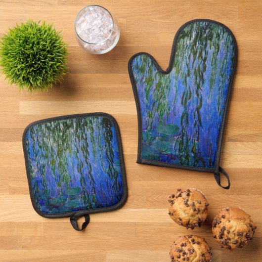 Claude Monet - Wasserlilien mit weinender Weide Ofenhandschuh & Topflappen-Set (Oben Unten)