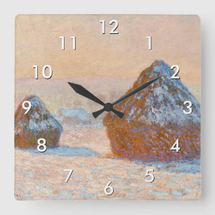 Claude Monet - Weizenscheunen, Schneeeffekt, Morge Quadratische Wanduhr