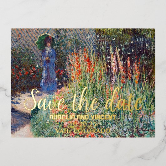 Claude Monets Blume Bed Save the Date malen Folie Einladungspostkarte (Vorderseite)