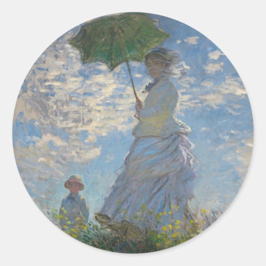 Claude Monets Frau mit Sonnenschirm (Der Spazierga Runder Aufkleber (Vorderseite)
