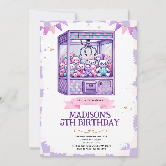 Claw machine arcade party invitation einladung (Vorderseite)