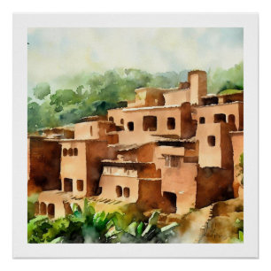 CLAY BRICK DORF ALTE ARCHITEKTUR WATERCOLOR POSTER