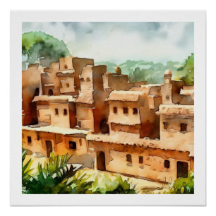 CLAY BRICK DORF ALTE ARCHITEKTUR WATERCOLOR POSTER