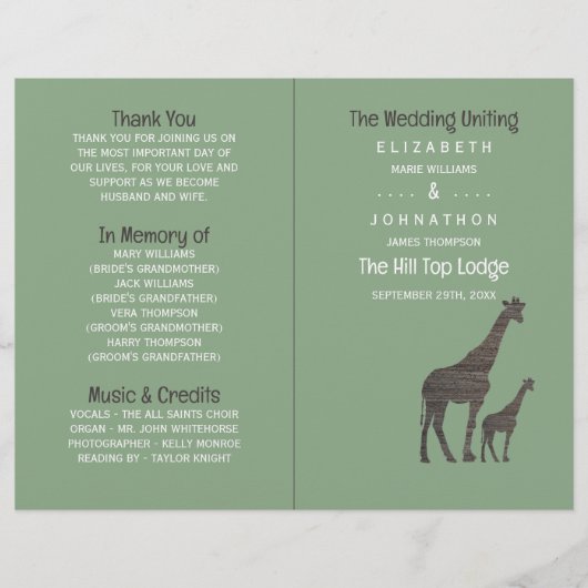 Clay Safari Giraffe, Rustic Wedding Program (Vorderseite)