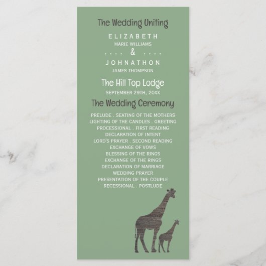 Clay Safari Giraffe, Rustikale Hochzeit Programm (Vorderseite)