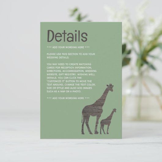 Clay Safari Giraffe, rustikale Hochzeitdetails Begleitkarte (Stehend Vorderseite)