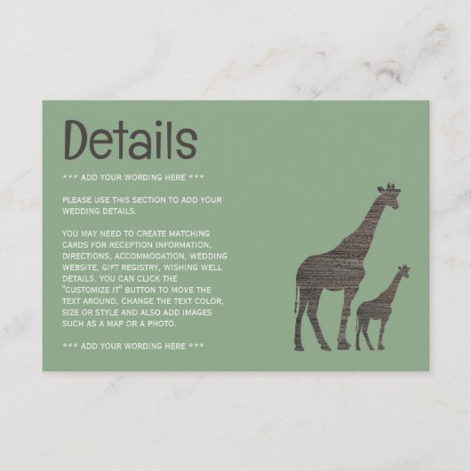 Clay Safari Giraffe, rustikale Hochzeitdetails Begleitkarte (Vorderseite)