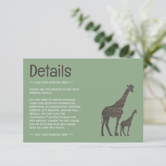 Clay Safari Giraffe, rustikale Hochzeitdetails Begleitkarte (Stehend Vorderseite)