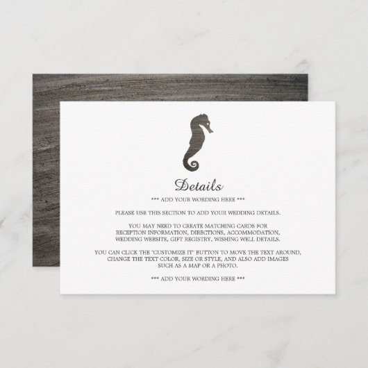 Clay Seepferd Beach Hochzeitdetails Begleitkarte (Vorne/Hinten)