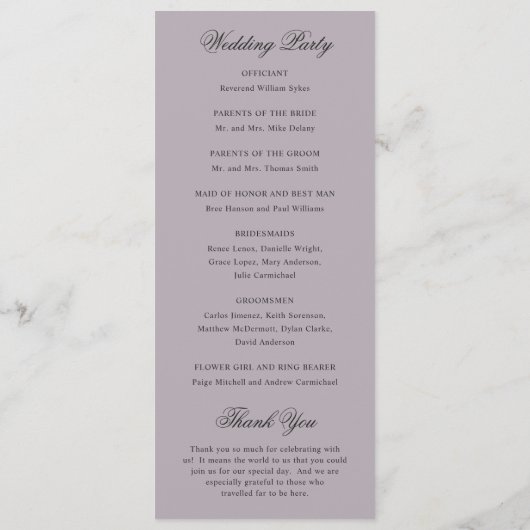 Clean Dusty Lilac Classic Wedding Programm (Rückseite)