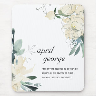 CLEAN ELEGANT IVORY WHITE GREEN FLORAL WATECOLOR MOUSEPAD