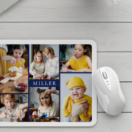 Clean Elegant Navy Blue Family 6 Photo Collage Mousepad