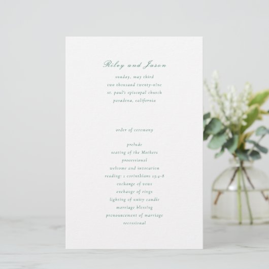 Clean Emerald Green Elegant Hochzeitsprogramm (Stehend Vorderseite)
