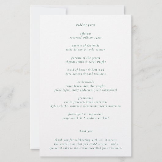 Clean Emerald Green Elegant Hochzeitsprogramm (Rückseite)