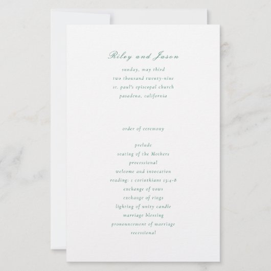 Clean Emerald Green Elegant Hochzeitsprogramm (Vorderseite)