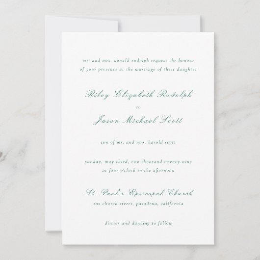 Clean Emerald Green Elegant Wedding Einladung (Vorderseite)