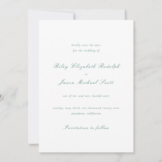 Clean Emerald Green Elegant Wedding Save The Date (Vorderseite)