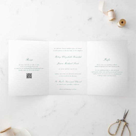 Clean Emerald Green QR Code Elegante Hochzeit Dreifach Gefaltete Einladung (Innenseite)