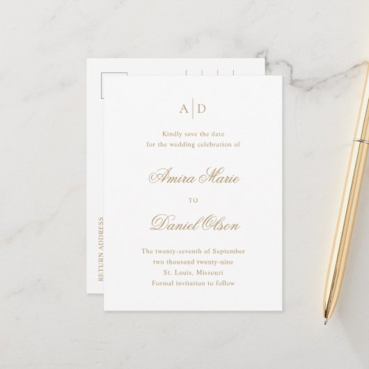 Clean Gold Classic Wedding rettet das Datum Ankündigungspostkarte (Vorderseite/Rückseite Beispiel)