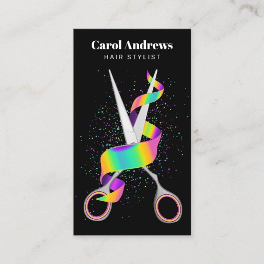 Clean Holographic Ribbon & Scissors Hair Stylist Visitenkarte (Vorderseite)