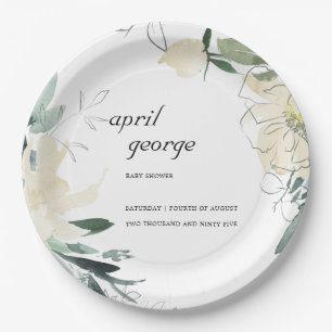 CLEAN IVORY GREEN FLORAL WATECOLOR BABY DUSCHE PAPPTELLER