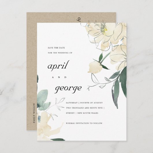 CLEAN IVORY WHITE GREEN FLORAL SAVE THE DATE CARD ANKÜNDIGUNGSPOSTKARTE (Vorne/Hinten)
