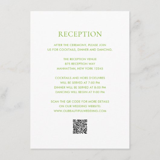 Clean Lime Green QR Code Elegante Hochzeit Begleitkarte (Vorderseite)