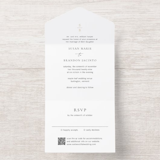 Clean Monogram Modern Wedding All-in-One-Einladung (Innenseite)
