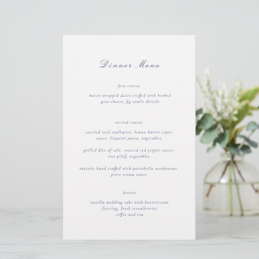 Clean Navy Blue Elegante Wedding Menu (Stehend Vorderseite)