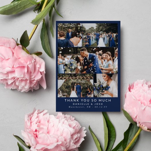Clean Navy Blue Wedding Foto Collage Vielen Dank Dankeskarte