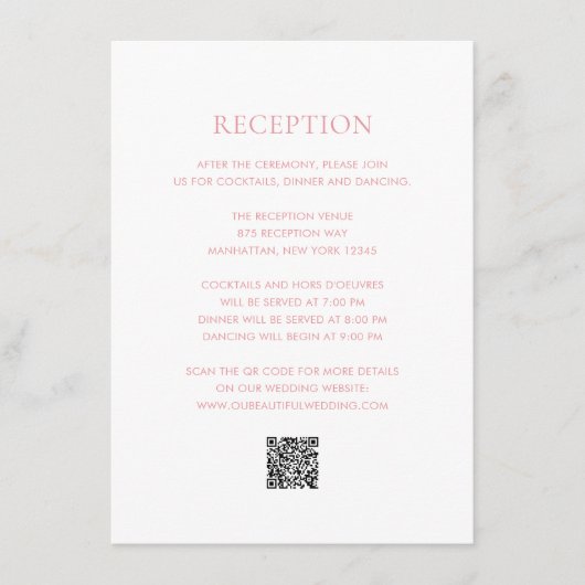 Clean Pink QR Code Elegante Hochzeit Begleitkarte (Vorderseite)