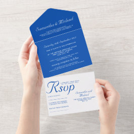 Clean simple Cobalt Blue white wedding All In One Einladung