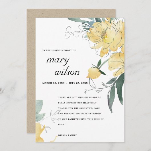 CLEAN YELLOW GREEN FLORAL BEILEID MEMORIAL DANKESKARTE (Vorne/Hinten)