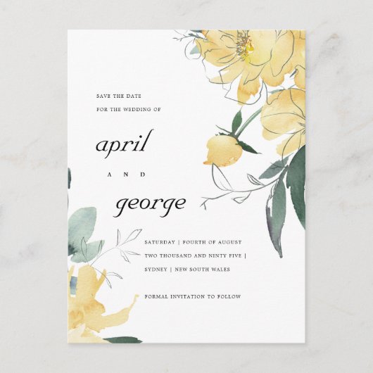 CLEAN YELLOW GREEN FLORAL SAVE THE DATE CARD ANKÜNDIGUNGSPOSTKARTE (Vorderseite)