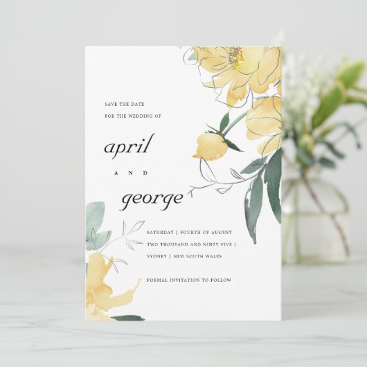 CLEAN YELLOW GREEN FLORAL SAVE THE DATE CARD DANKESKARTE (Stehend Vorderseite)