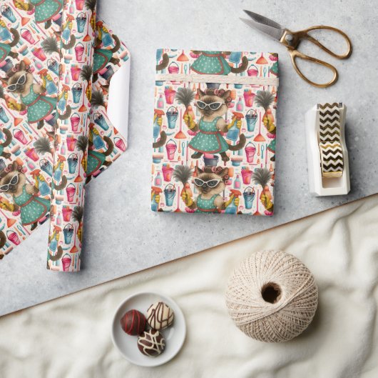 Cleaner House Wife Cat is cleaning the house Geschenkpapier (Kunsthandwerk)