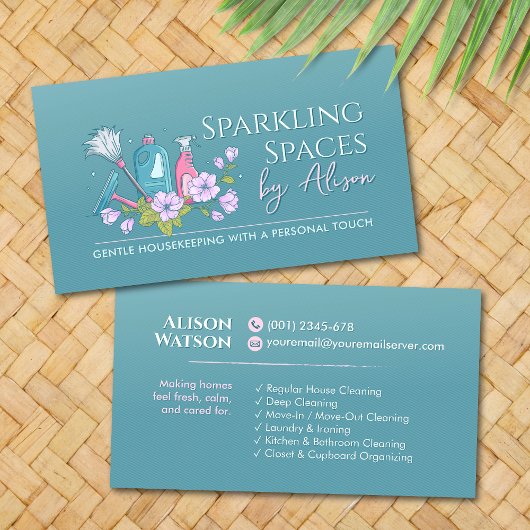 Cleaning Services - Elegant Floral Teal and Pink Visitenkarte