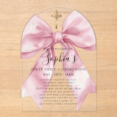 Clear Acrylic Girl's First Communion Pink Bow Arch Acryleinladungen (Vorderseite)