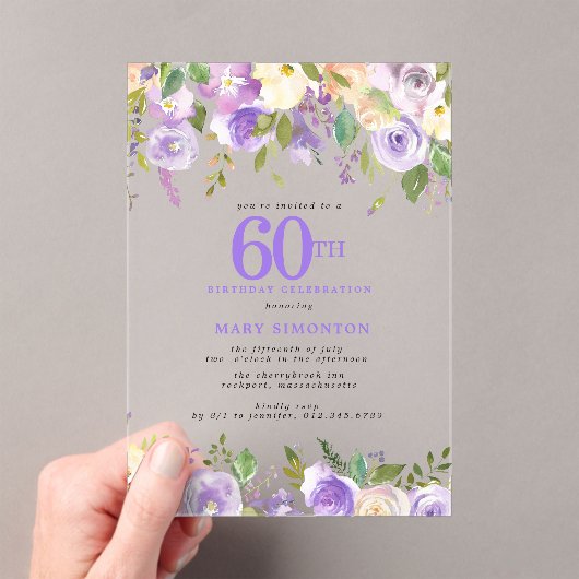 CLEAR ACRYLIC Purple Floral 60th Birthday Party Acryleinladungen (Insitu (Handheld))